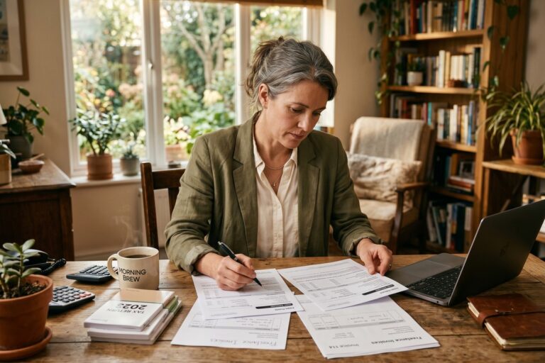 Self-employed borrower reviewing loan interest rate documents at a desk