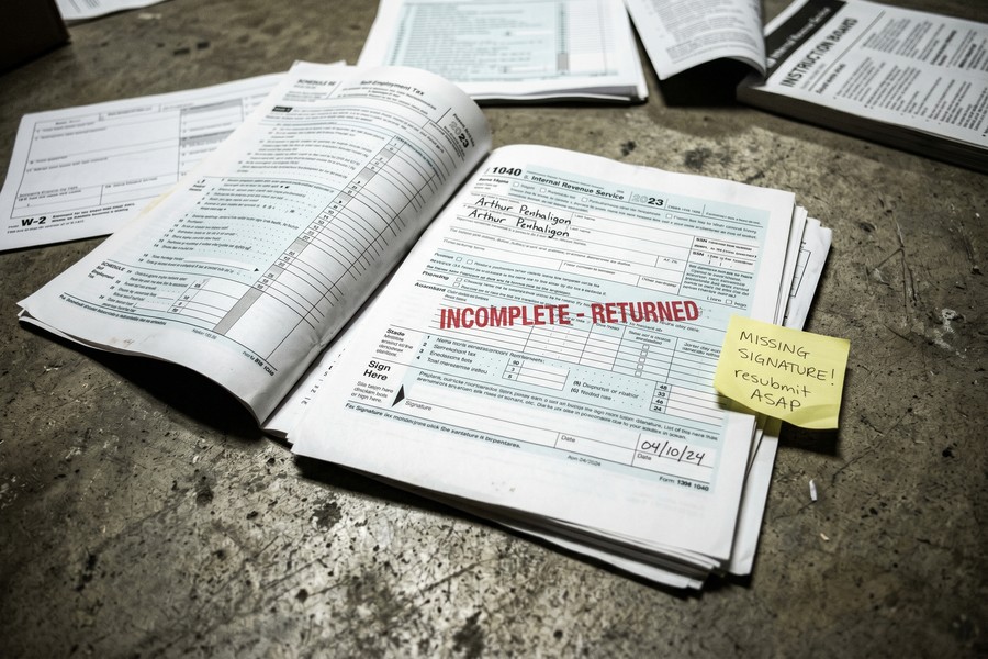 Self-employed borrower organizing tax returns and bank statements on a desk