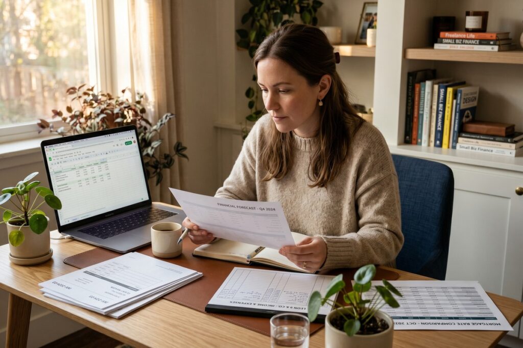 Self-employed borrower reviewing mortgage rate documents and bank statements at a desk