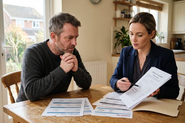 A homeowner reviewing mortgage rate documents after a short sale, with a credit report visible on the desk
