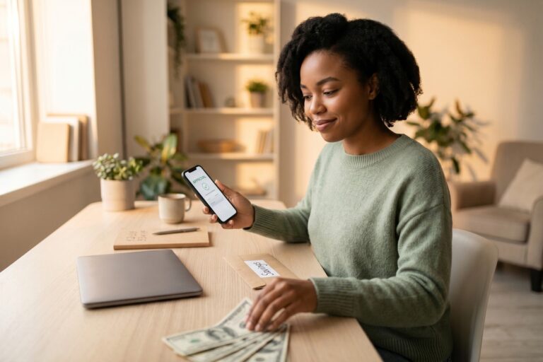 Borrower reviewing short-term fintech loan offer on a laptop with financial growth charts in the background
