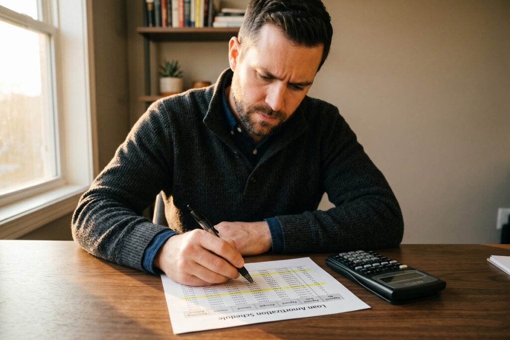 Person comparing shorter and longer loan term interest rate options on a financial calculator