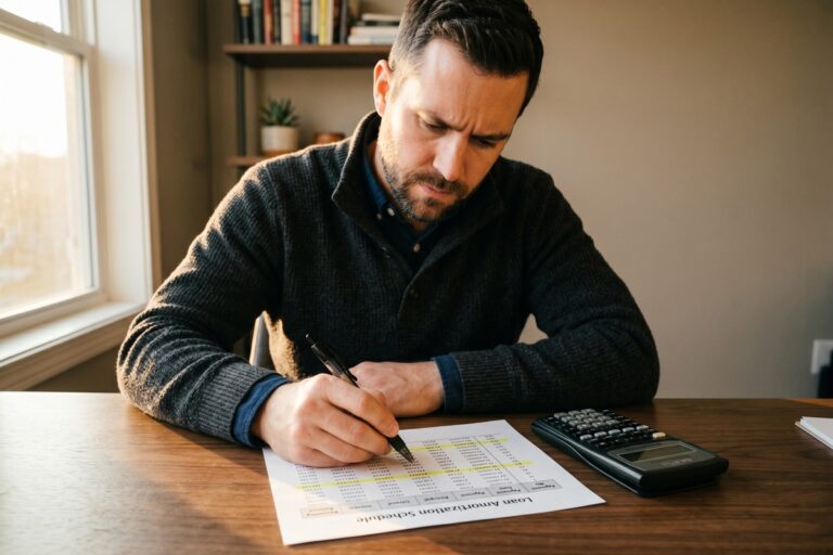 Person comparing shorter and longer loan term interest rate options on a financial calculator