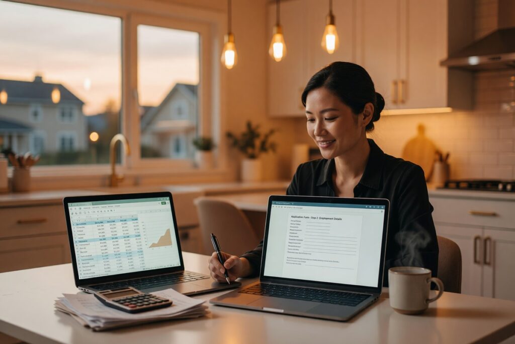 Person reviewing mortgage rate documents with side income earnings on laptop
