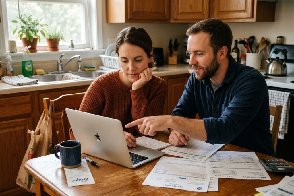Couple reviewing single income household budget together at kitchen table in 2026