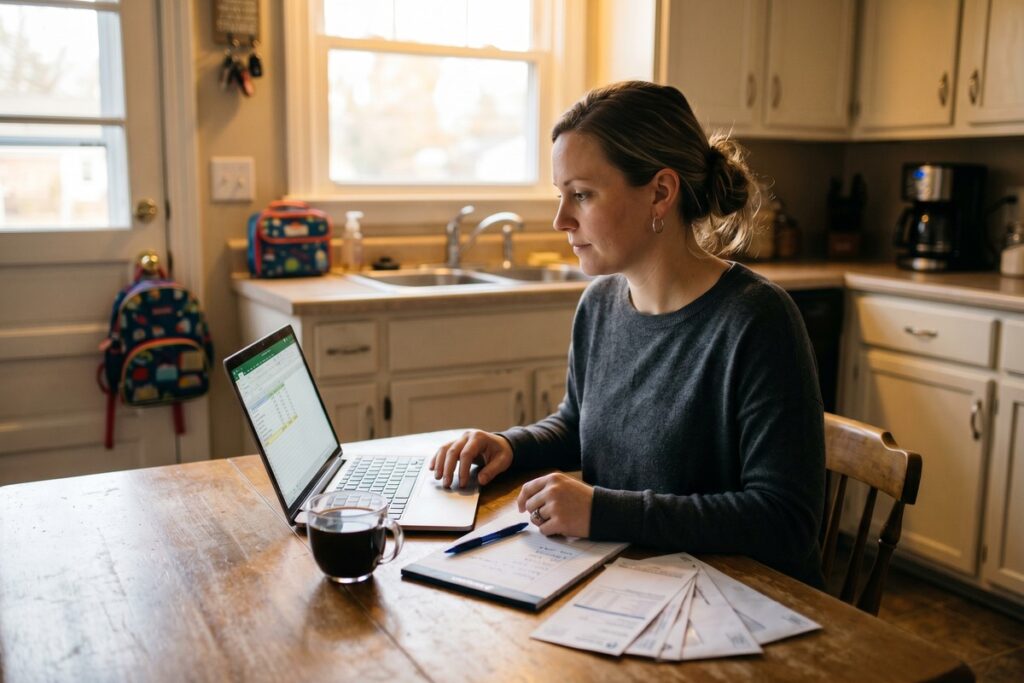 Single-income family reviewing household budget and loan payment plan at kitchen table in 2026