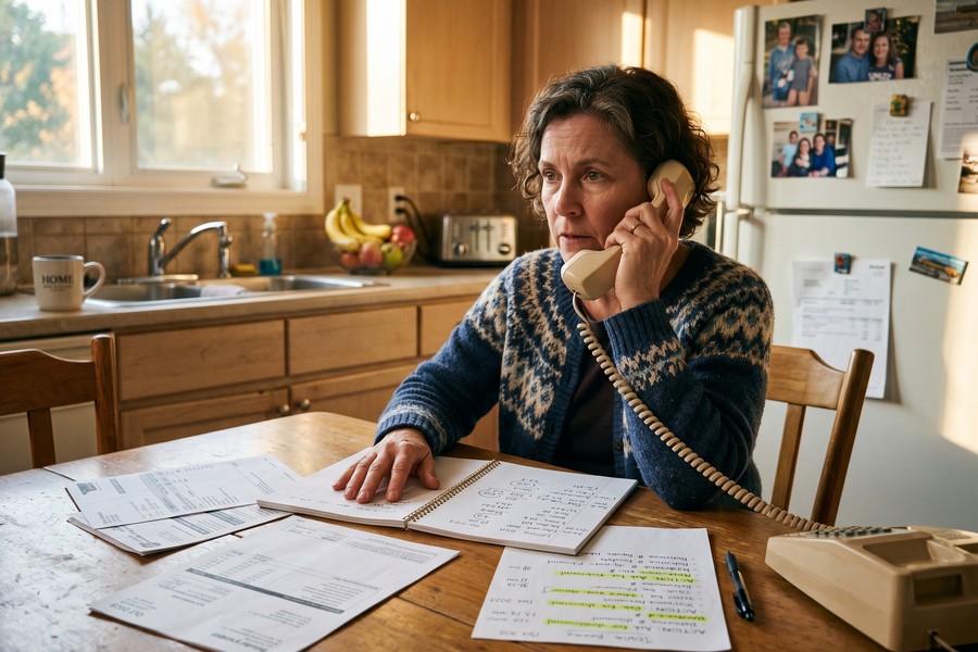 Single parent reviewing loan statements and monthly budget on kitchen table