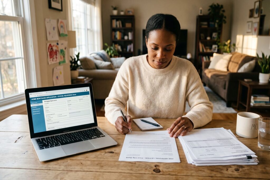 Single income homeowner reviewing mortgage rate options with a lender