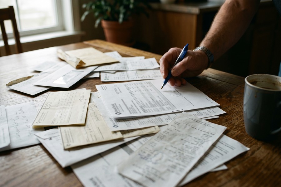 Single homeowner reviewing mortgage documents and bank statements at a home office desk