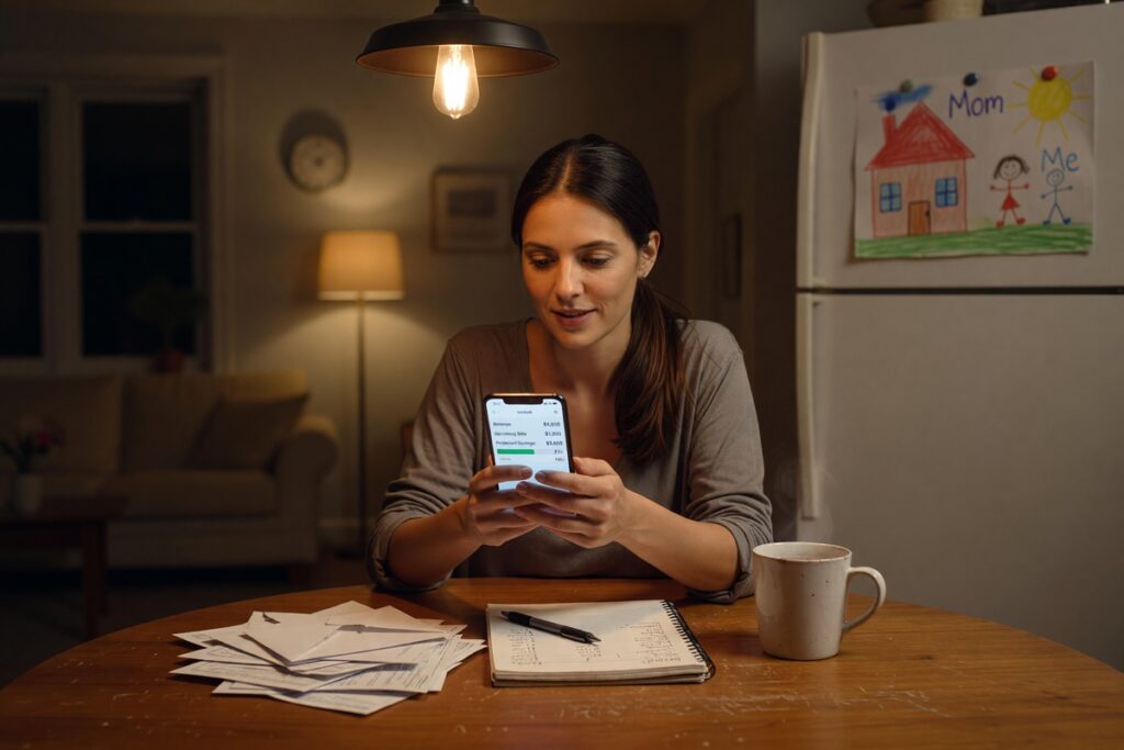 Single mother using a fintech debt consolidation app on her smartphone to manage loan payments