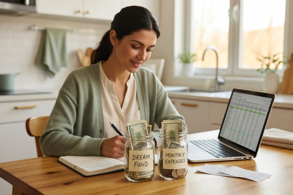 Person comparing sinking funds vs savings accounts in a budgeting notebook with calculator and coins