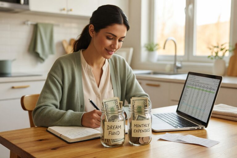 Person comparing sinking funds vs savings accounts in a budgeting notebook with calculator and coins