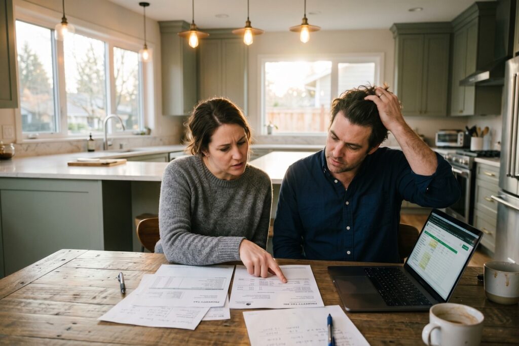 Homebuyer reviewing state tax documents and mortgage rate paperwork at a desk