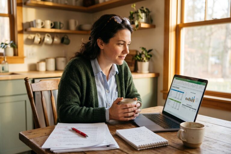 Teacher reviewing side income budget plan to pay off loans faster while saving for retirement