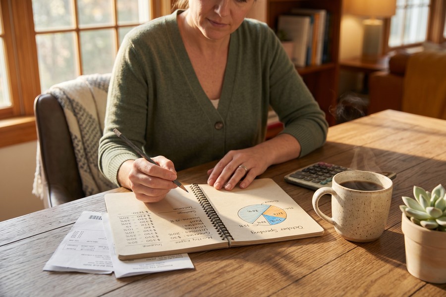 Teacher at desk reviewing loan statements alongside retirement contribution calculations