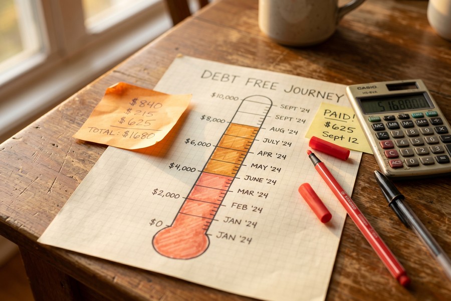 Teacher reviewing debt payoff progress on laptop with side income tracking spreadsheet visible