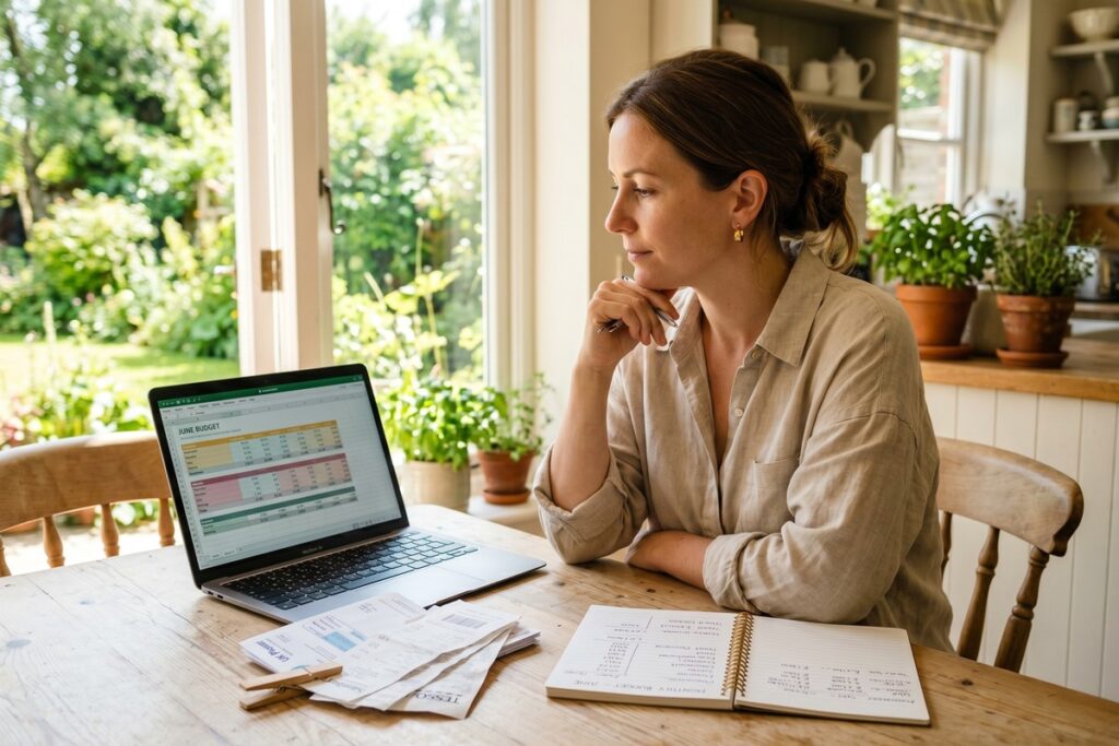 Teacher reviewing seasonal income cash flow budget plan during summer break