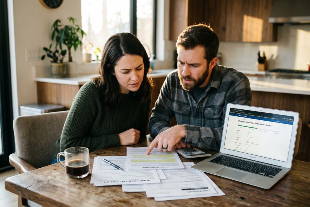 Homebuyer reviewing mortgage documents after pre-approval showing rising interest rate