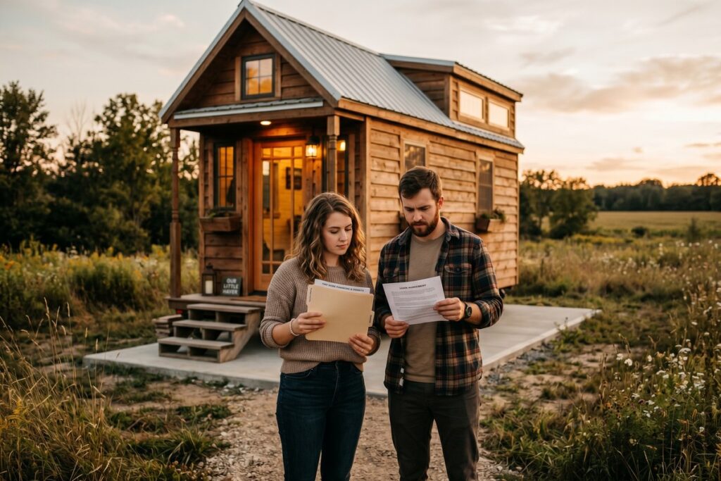 Tiny home with mortgage rate documents and calculator on a wooden table