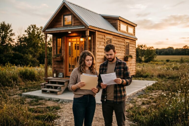 Tiny home with mortgage rate documents and calculator on a wooden table