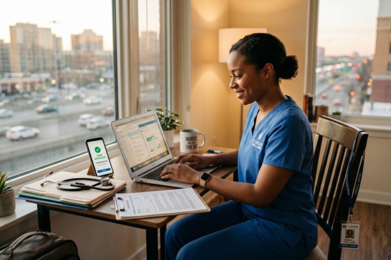 Traveling nurse reviewing digital loan application on tablet to cover multi-state professional licensing fees