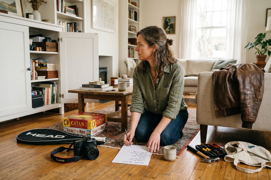 A tidy home workspace with items sorted for resale on a laptop screen showing marketplace listings