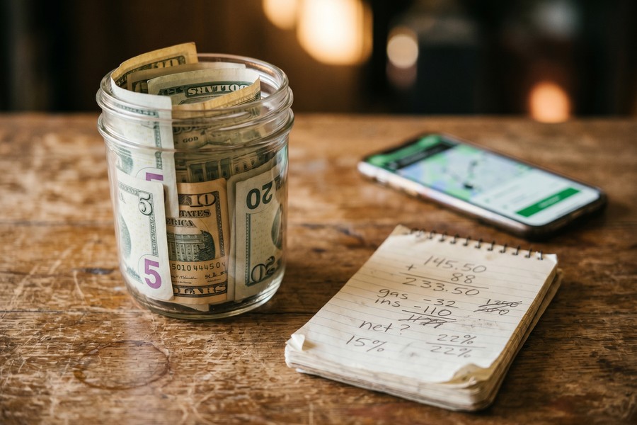 A person using a delivery app on a smartphone next to a bicycle, representing gig income for loan repayment