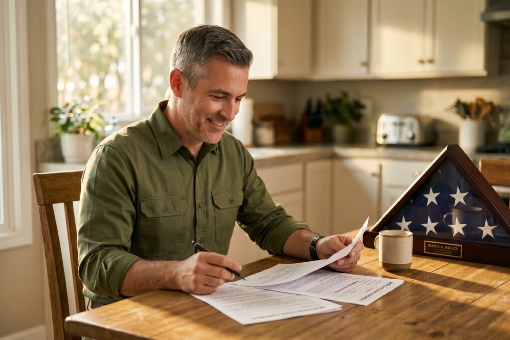 Veteran borrower reviewing VA loan interest rate strategies with a mortgage lender