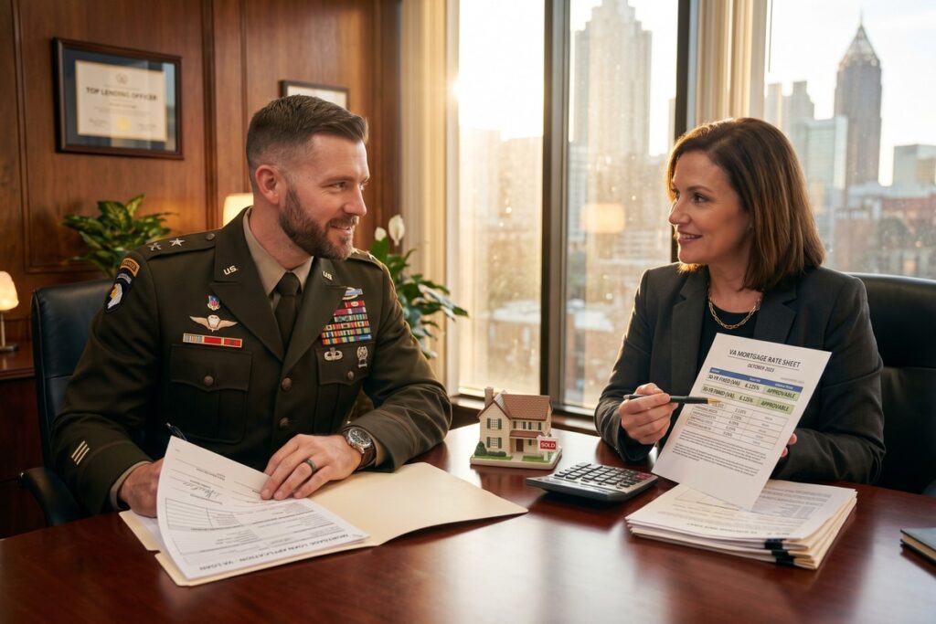 Veteran homebuyer reviewing VA loan mortgage rate documents with a lender