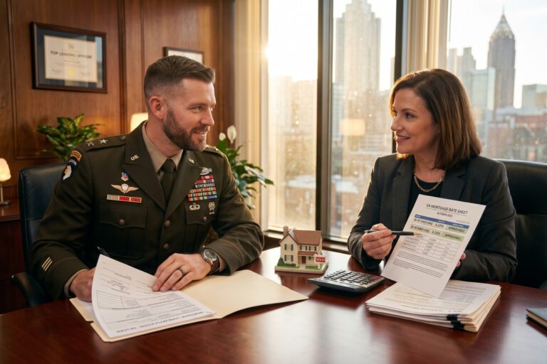 Veteran homebuyer reviewing VA loan mortgage rate documents with a lender