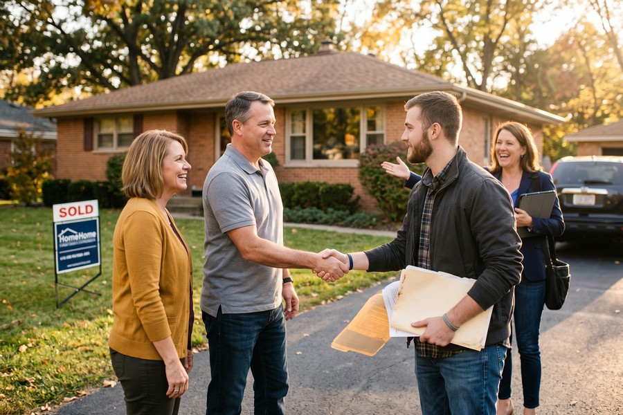 Veterans shaking hands with a lender across a desk reviewing mortgage documents