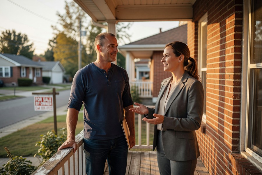 Veteran homebuyer consulting with a VA-approved mortgage lender at a desk reviewing loan documents