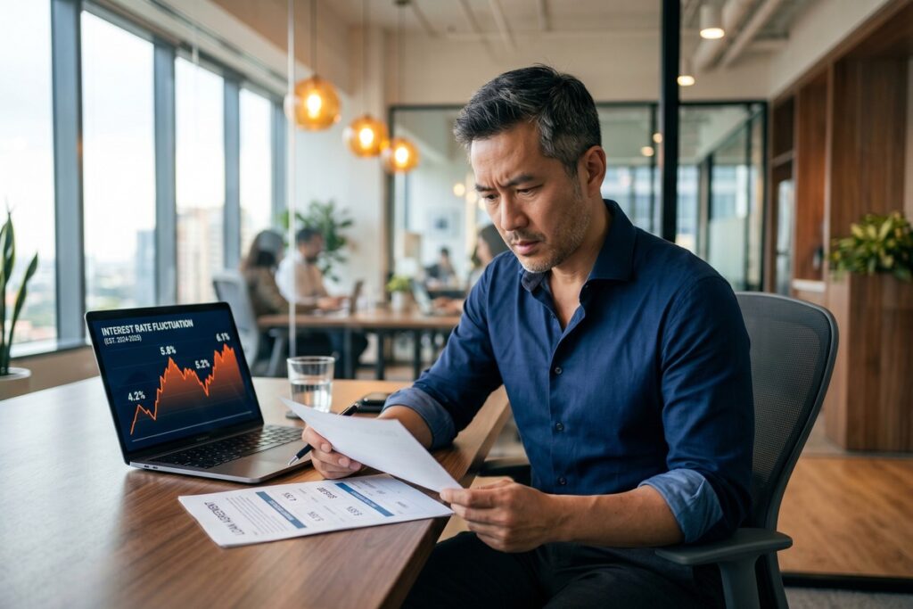 Business owner reviewing variable rate business loan documents with fluctuating interest rate chart on desk