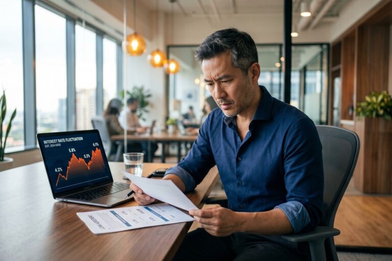 Business owner reviewing variable rate business loan documents with fluctuating interest rate chart on desk