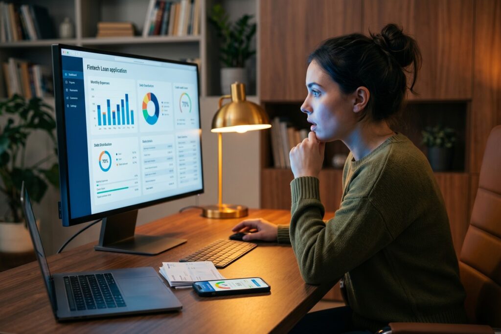 Fintech lender reviewing digital borrower data on a laptop screen before loan approval