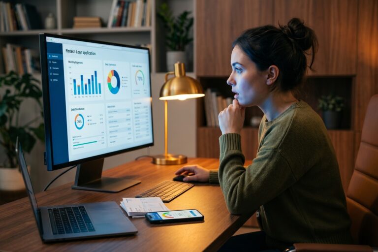 Fintech lender reviewing digital borrower data on a laptop screen before loan approval