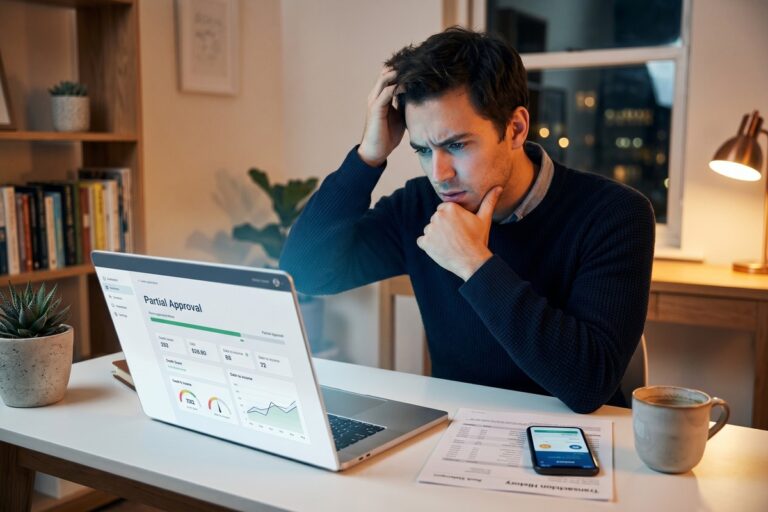 Person reviewing a lower-than-expected digital loan approval amount on a laptop screen