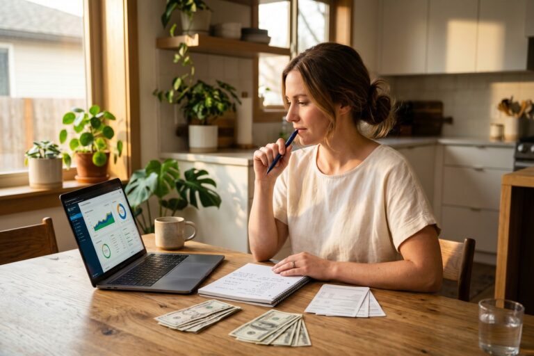 Person planning windfall money decisions with cash, investment charts, and a savings jar on a desk