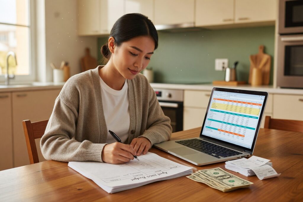 Beginner sitting at a desk creating a zero-based budget on paper with a calculator and laptop