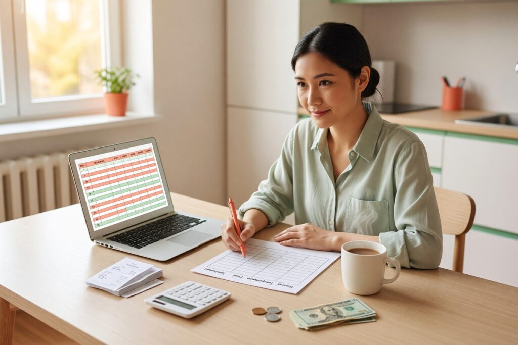 Beginner sitting at a desk creating a zero-based budget with a notebook and calculator