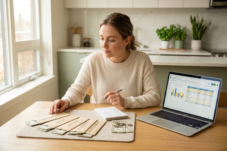 Person comparing zero based budgeting vs envelope method using budget worksheets and labeled cash envelopes on a desk