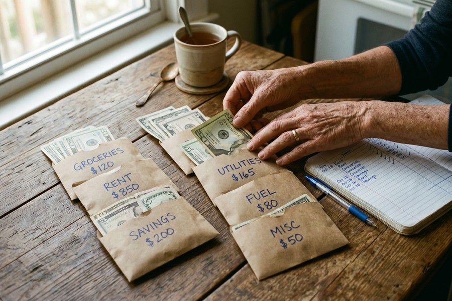 Person sorting cash into labeled envelopes on a wooden desk with a budget worksheet nearby