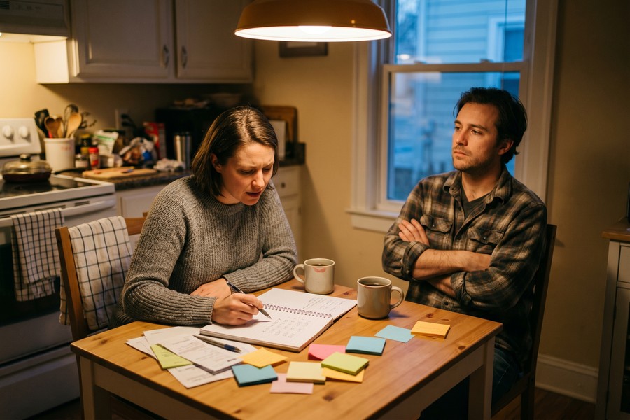 Couple reviewing a monthly zero-based budget on a laptop together at a kitchen table