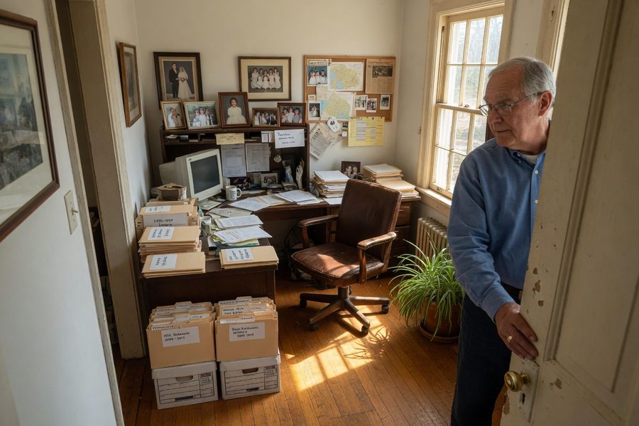 Retiree couple reviewing mortgage documents at kitchen table, fixed-rate versus ARM paperwork visible