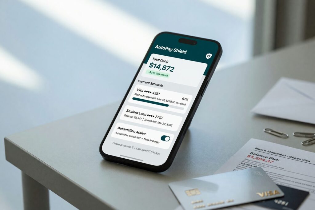 Person reviewing automated debt repayment options on a mobile fintech app