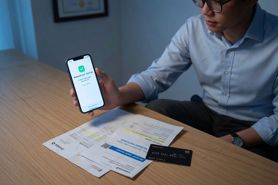 Smartphone screen showing a fintech debt repayment dashboard with balance progress bars and payment history