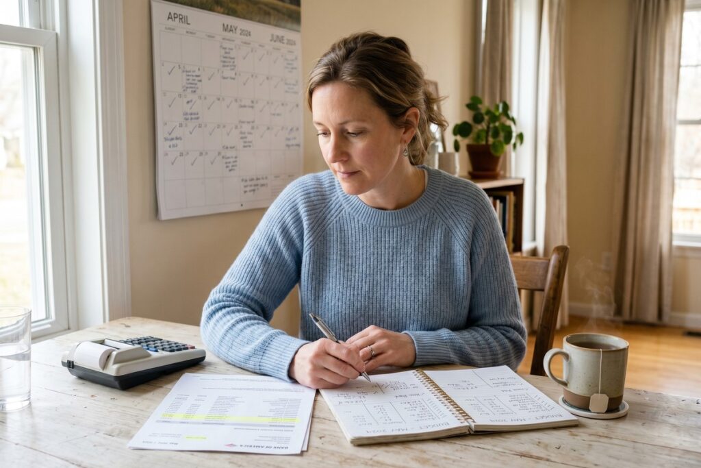 Woman reviewing financial documents and calculator while planning her return to work after caregiving leave