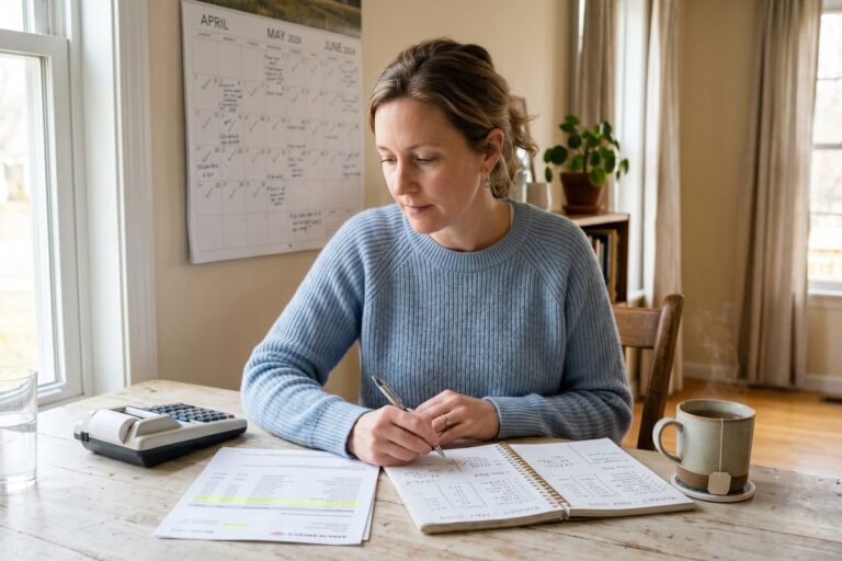 Woman reviewing financial documents and calculator while planning her return to work after caregiving leave