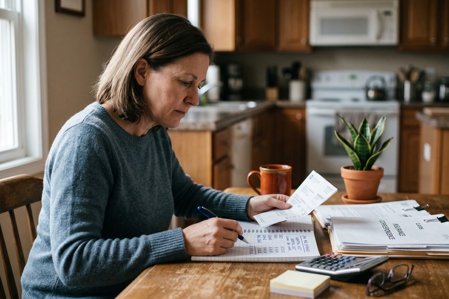 Returning caregiver reviewing financial documents and budget plan at a desk, planning her re-entry strategy