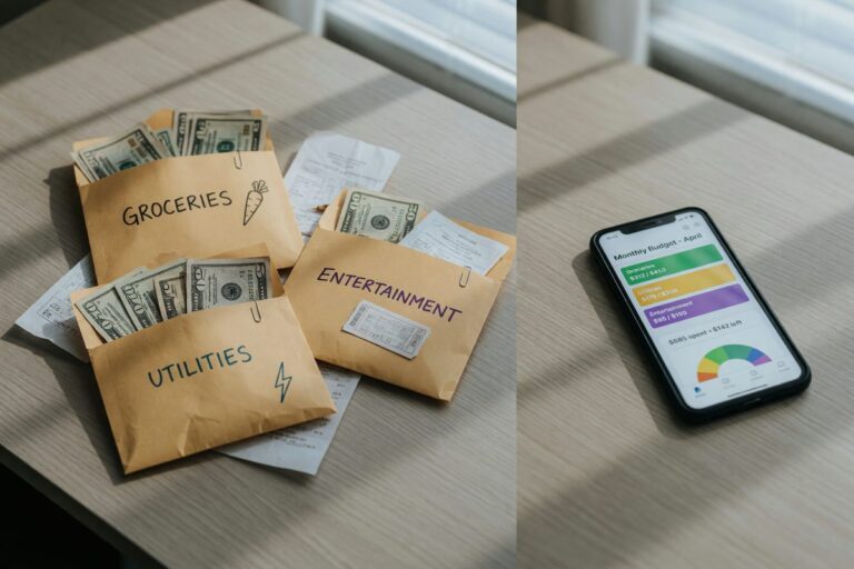 Comparison of cash envelope system with physical money and budgeting app on smartphone screen